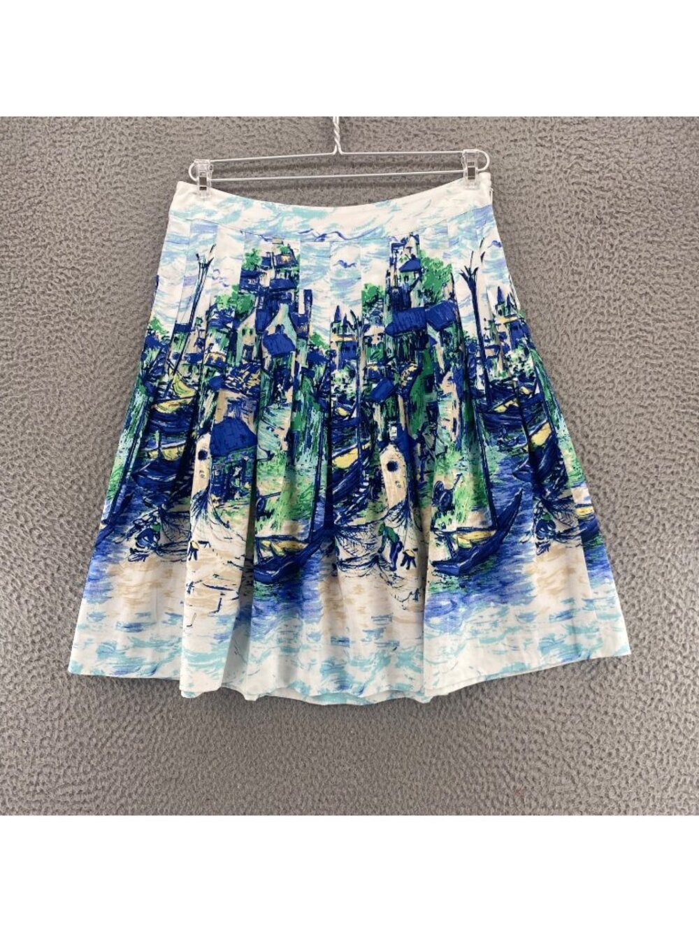 Talbots Skirt Womens 4 Petite Blue Multi Village Scene Pleated Above Knee Art